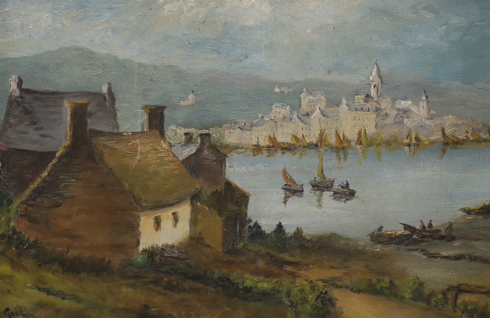 French School, oil on canvas, View of Mont St. Michel from the coast, indistinctly signed, 36 x 53cm